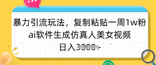 暴力引流玩法，复制粘贴一周1w粉，ai软件生成仿真人美女视频，日入多张-博库