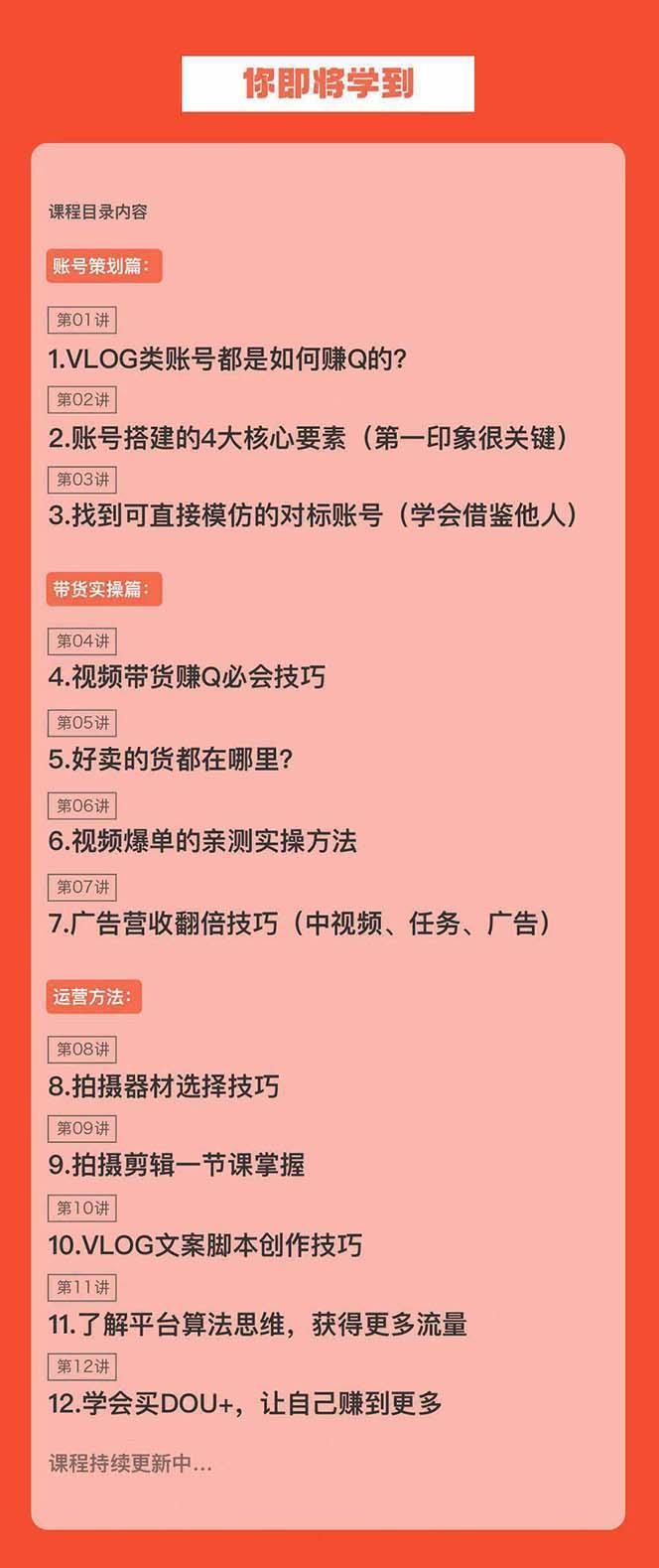 新手VLOG短视频特训营：学会带货、好物、直播、中视频、赚Q方法(16节课)-博库