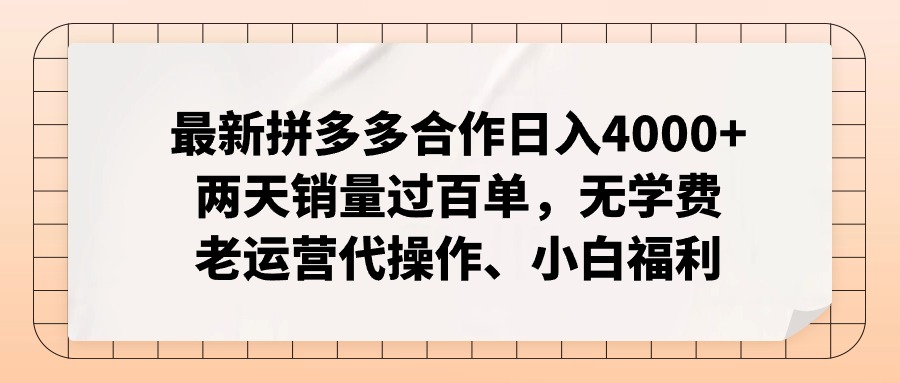 拼多多最新合作日入4000+两天销量过百单，无学费、老运营代操作、小白福利-博库