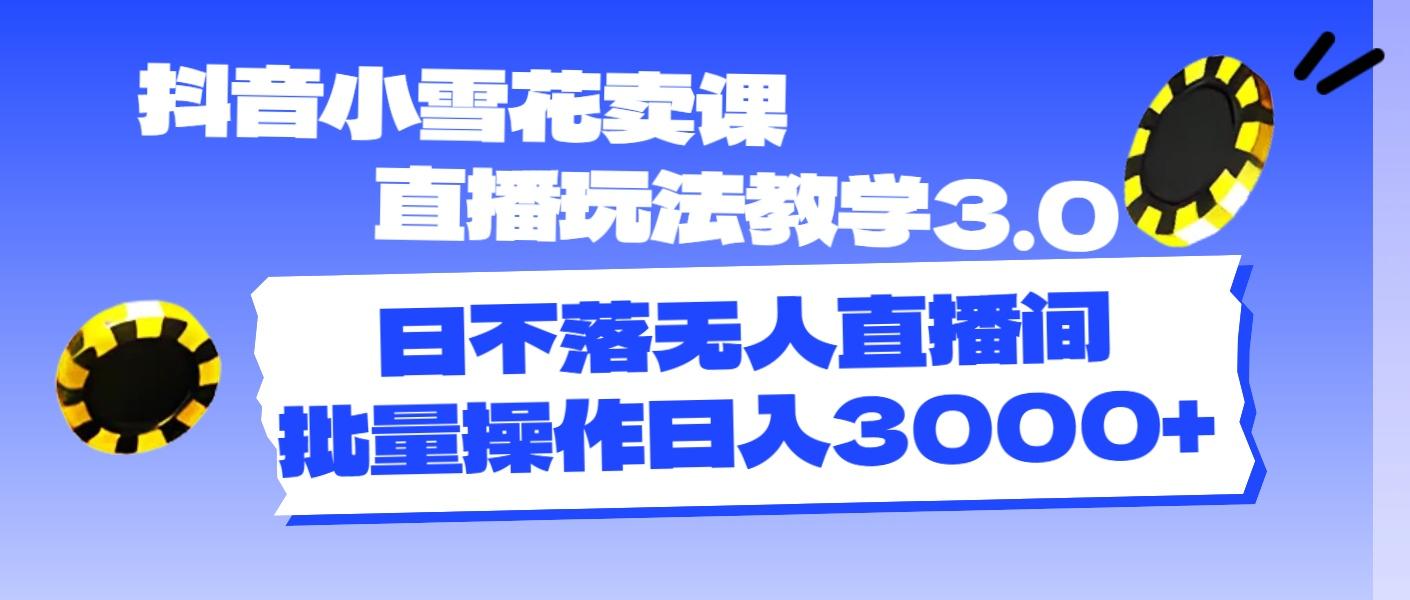 抖音小雪花卖课直播玩法教学3.0，日不落无人直播间，批量操作日入3000+-博库