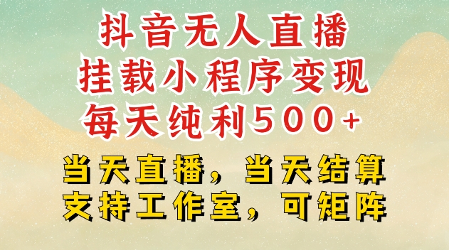 抖音无人直播挂载小程序变现每天纯利500+当天直播，当天结算支持工作室，可矩阵【揭秘】-博库