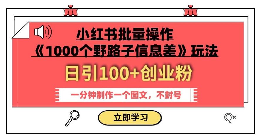 小红书批量操作《1000个野路子信息差》玩法，一分钟制作一个图文，不封号，日引100+创业粉-博库