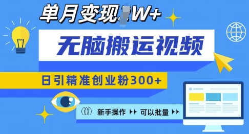 无脑搬运视频号可批量复制，新手即可操作，日引精准创业粉300+，月变现过W 【揭秘】-博库