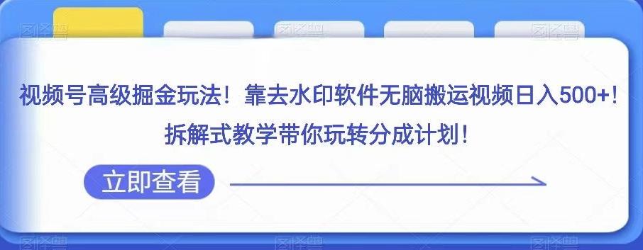 视频号高级掘金玩法，靠去水印软件无脑搬运视频日入500+，拆解式教学带你玩转分成计划【揭秘】-博库