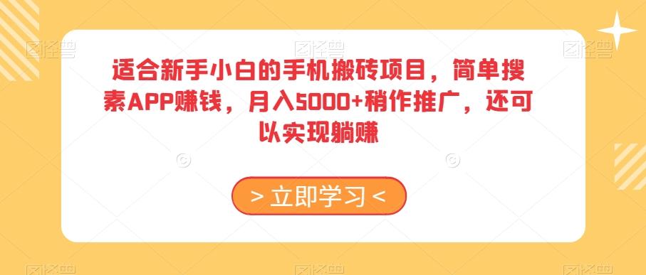 适合新手小白的手机搬砖项目，简单搜素APP赚钱，月入5000+稍作推广，还可以实现躺赚【揭秘】-博库