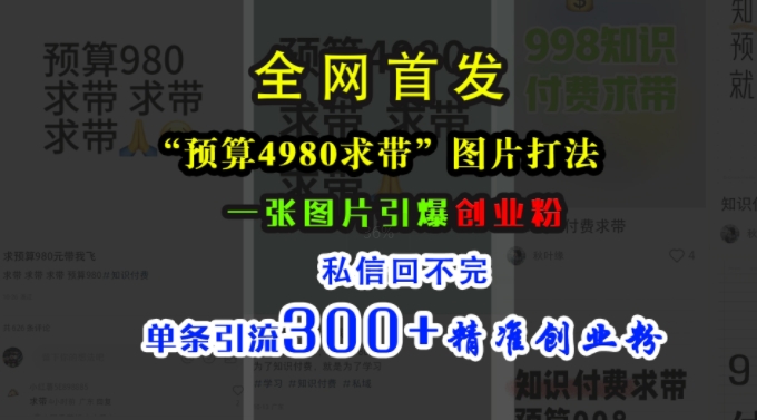 小红书“预算4980带我飞”图片打法，一张图片引爆创业粉，私信回不完，单条引流300+精准创业粉-博库