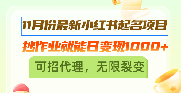 11月份最新小红书起名项目，抄作业就能日变现1000+，可招代理，无限裂变-博库