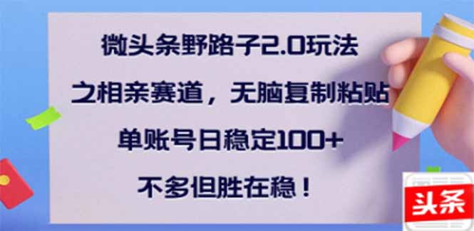 微头条野路子2.0玩法之相亲赛道，无脑搬砖复制粘贴，单账号日稳定300+…-博库