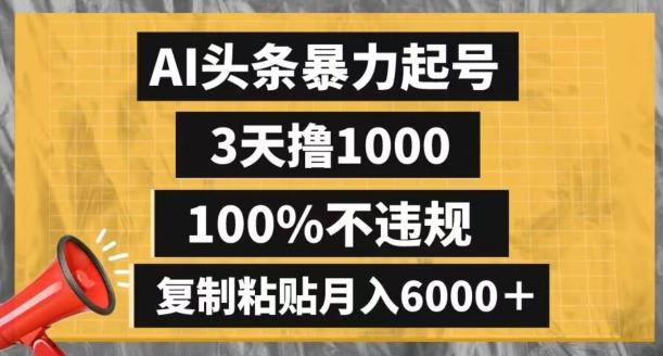 AI头条暴力起号，3天撸1000,100%不违规，复制粘贴月入6000＋【揭秘】-博库