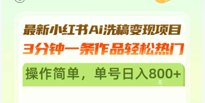 最新小红书Ai洗稿变现项目 3分钟一条作品轻松热门 操作简单，单号日入800+-博库