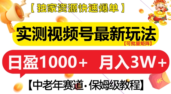 实测视频号最新玩法，中老年赛道，独家资源，月入过W+【揭秘】-博库