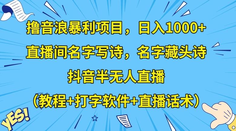 撸音浪暴利项目，日入1000+，直播间名字写诗，名字藏头诗，抖音半无人直播（教程+打字软件+直播话术）【揭秘】-博库