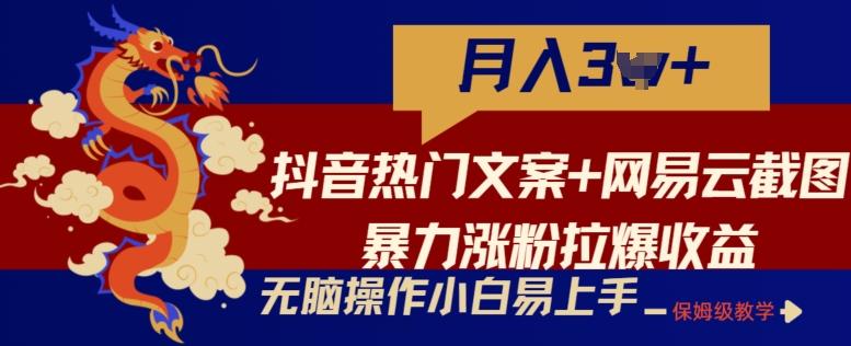 抖音热门文案+网易云截图暴力涨粉拉爆收益玩法，小白无脑操作，简单易上手【揭秘】-博库