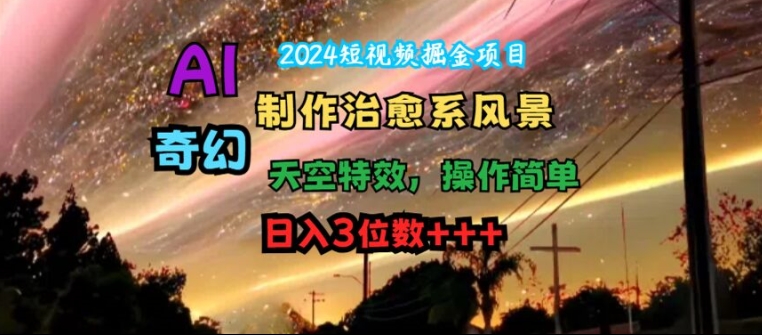 2024短视频掘金项目，AI制作治愈系风景，奇幻天空特效，操作简单，日入3位数【揭秘】-博库