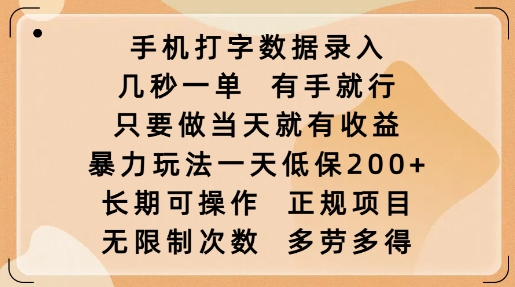 手机打字数据录入，几秒一单，有手就行，只要做当天就有收益，暴力玩法一天低保2张-博库