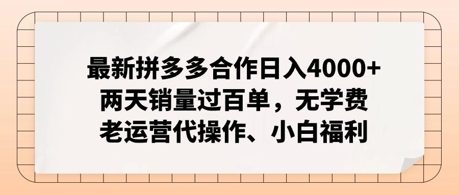 最新拼多多合作日入4000+两天销量过百单，无学费、老运营代操作、小白福利-博库